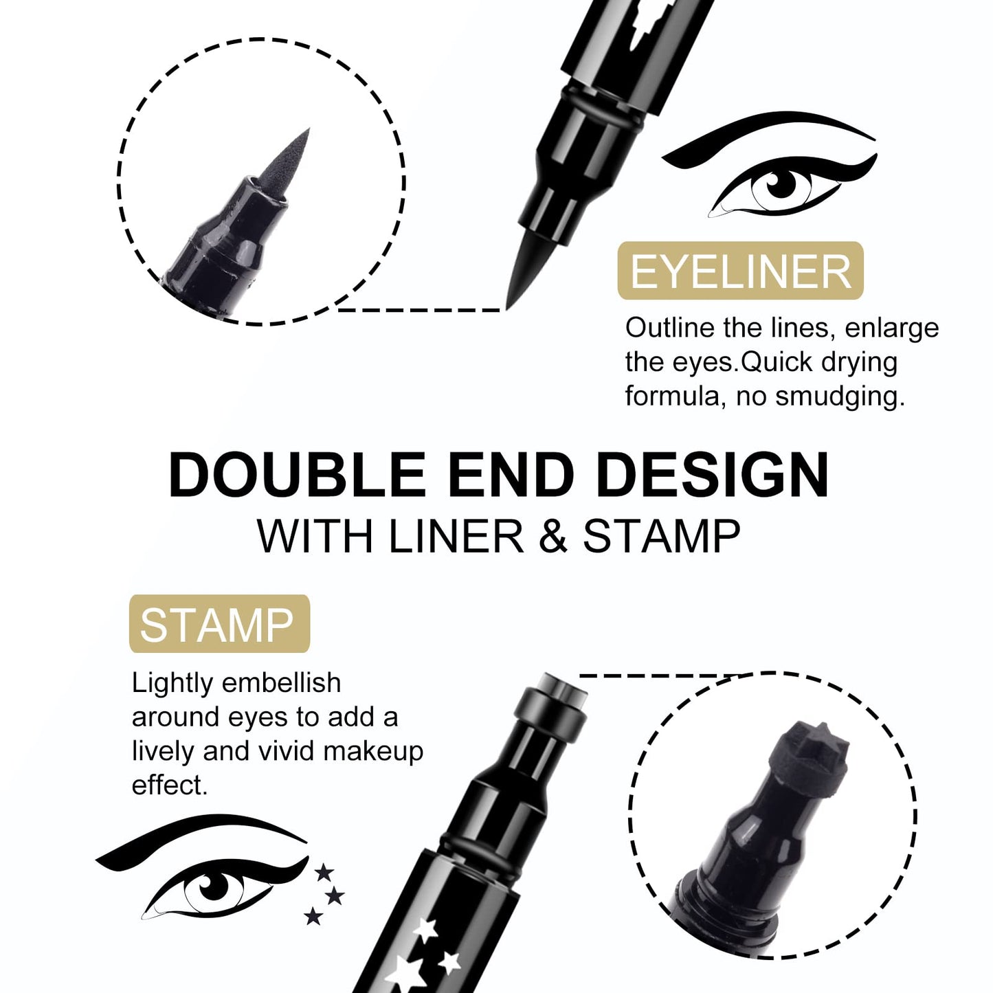 Ownest 3 Pcs Double-sided Liquid Eyeliner Pen,with Eye Makeup Stamp Super Slim Gel Felt Tip High Black Pigment,Waterproof Smudgeproof Long Lasting