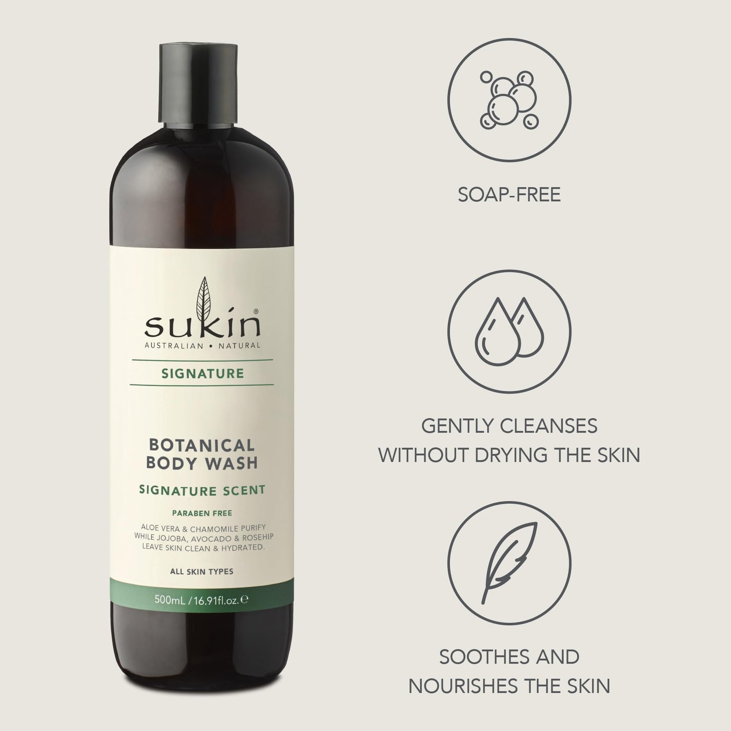 Sukin Signature Body Wash - Soap-Free Botanical Shower Gel with Moisturizing Rosehip, Jojoba, and Avocado Oils + Soothing Aloe Vera and Chamomile
