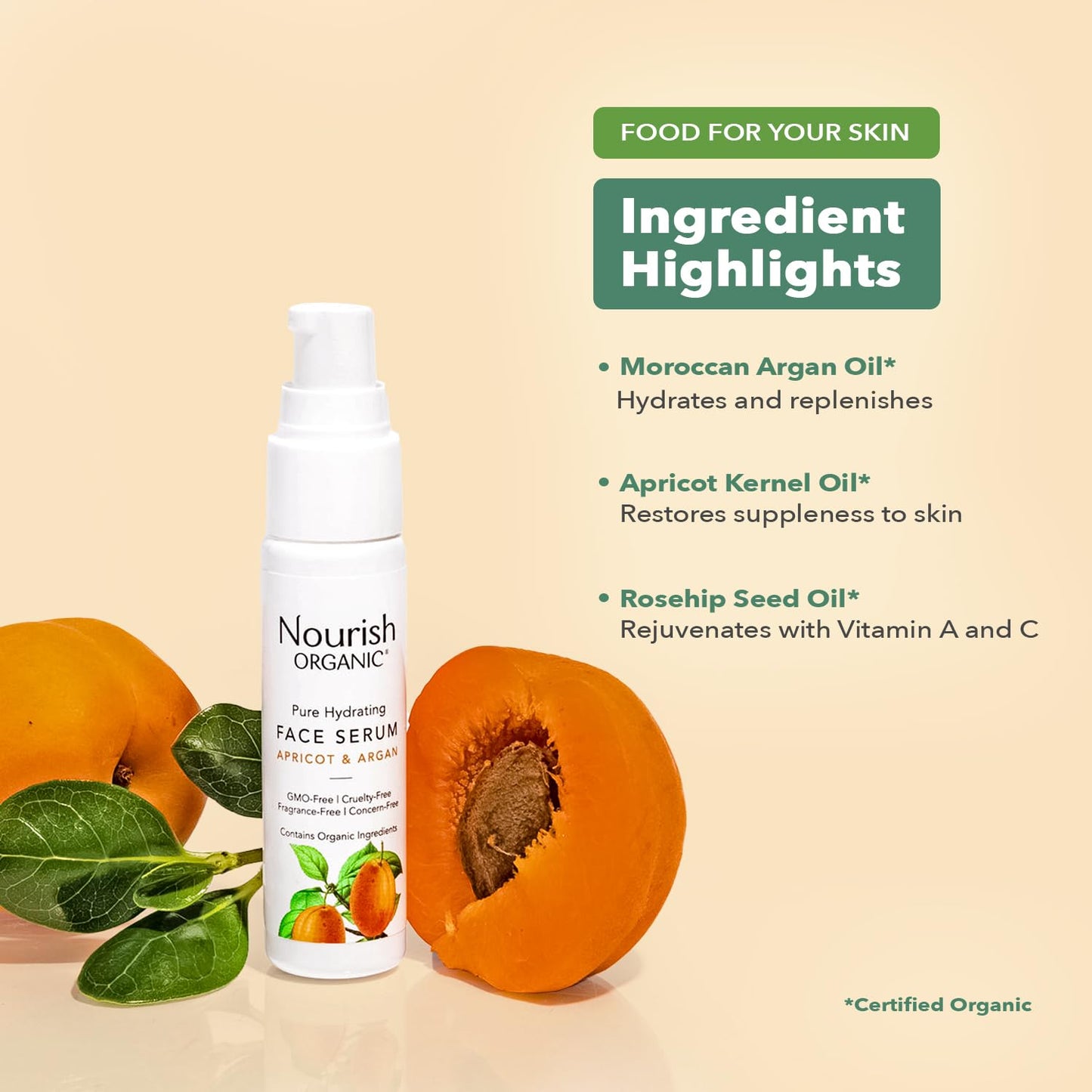 Nourish Organic Face Serum, Apricot & Argan - Pure Hydrating Facial Serum with Vitamin C and Vitamin A + Washable Cotton Round