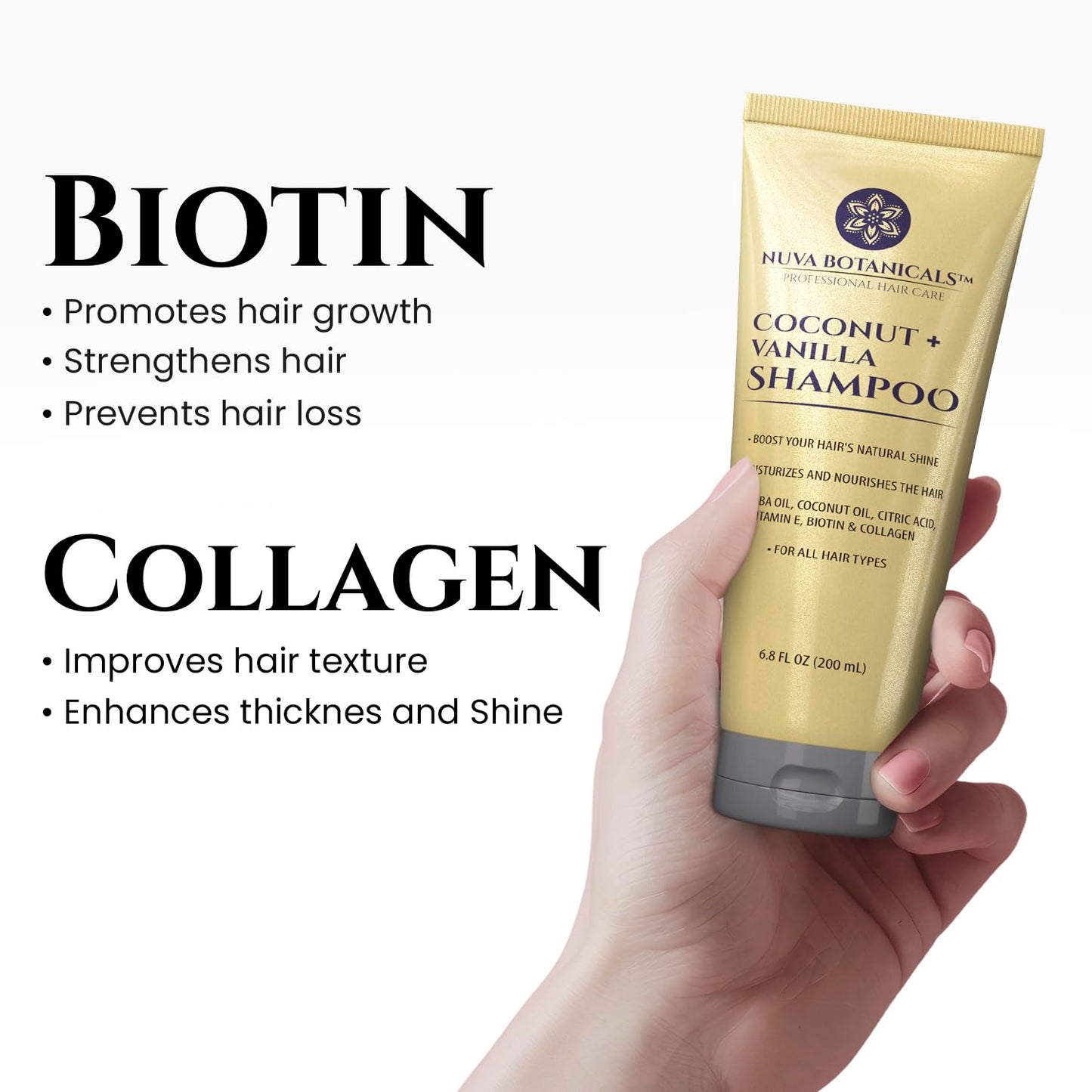 Nuva Botanicals Coconut Shampoo and Conditioner, Vanilla Shampoo and Conditioner with Biotin and Collagen- Moisturizing Shampoo and Conditioner Set