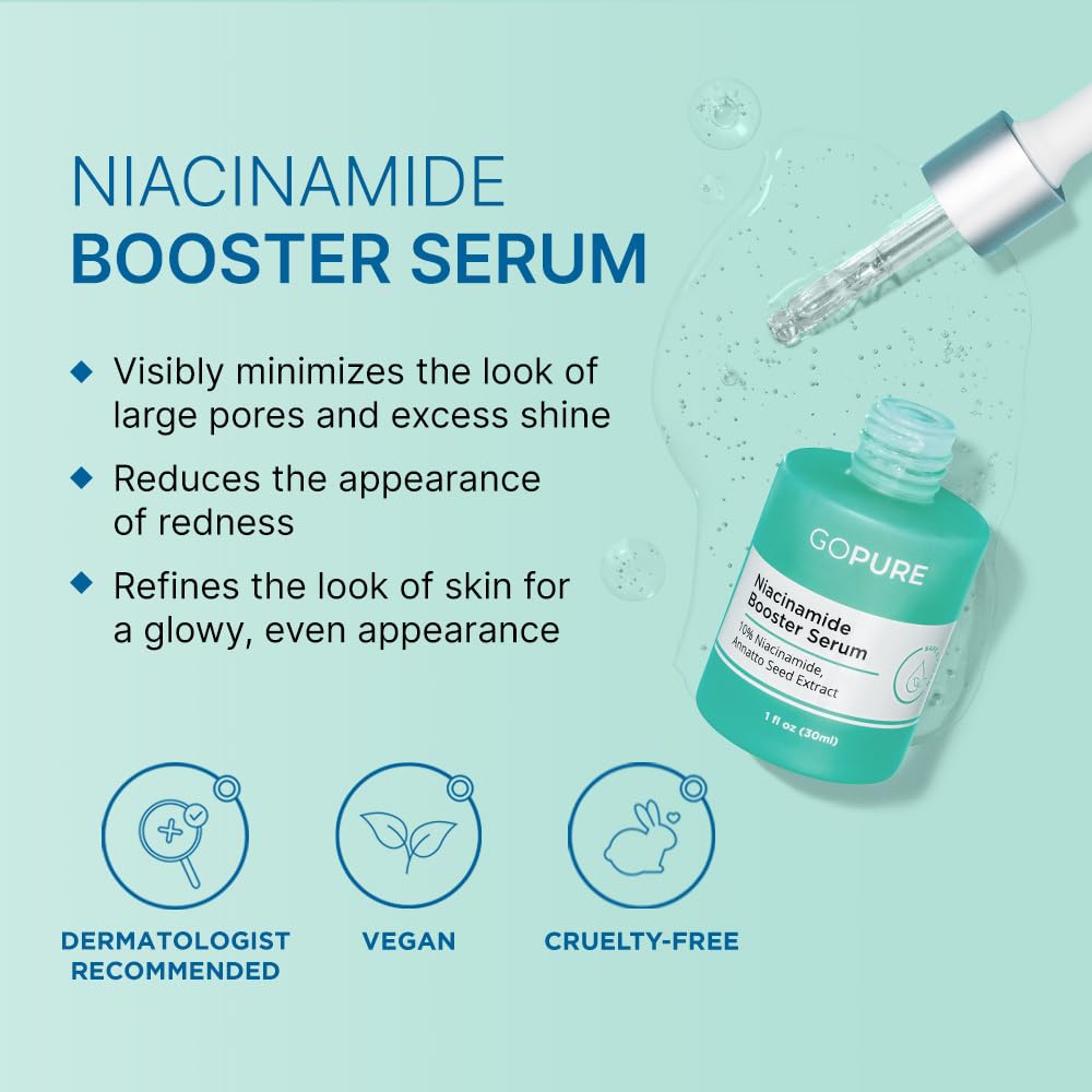 goPure 10% Niacinamide Serum Booster - Redness Reducing Skin Care, Reduces the Look of Skin Discoloration and Large Pores in Soothing Formula