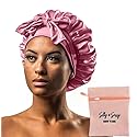 Silky & Sassy Large Satin Bonnet With Laundry Bag - Double Layer Silk Sleep Cap for Women, Curly Hair - Adjustable Tie Band - Pink