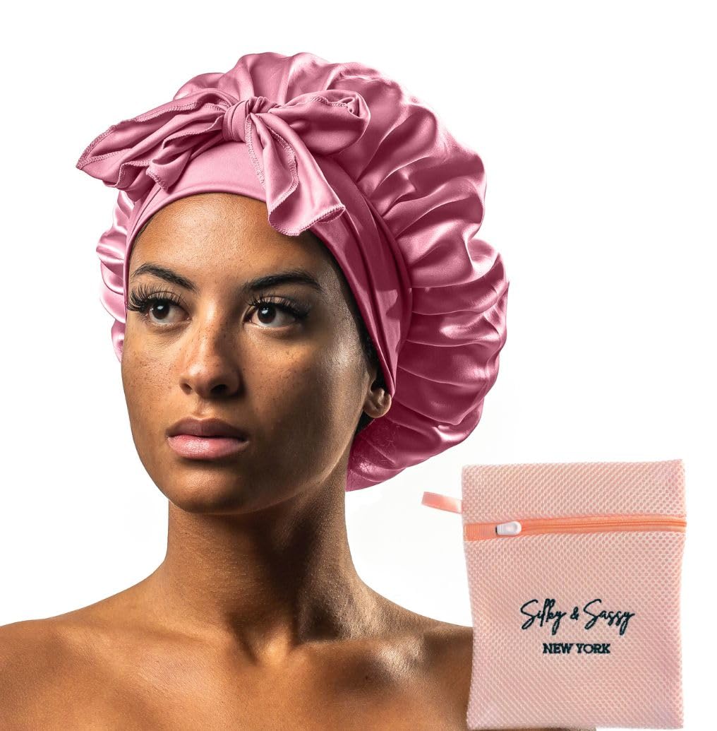 Silky & Sassy Large Satin Bonnet With Laundry Bag - Double Layer Silk Sleep Cap for Women, Curly Hair - Adjustable Tie Band - Pink
