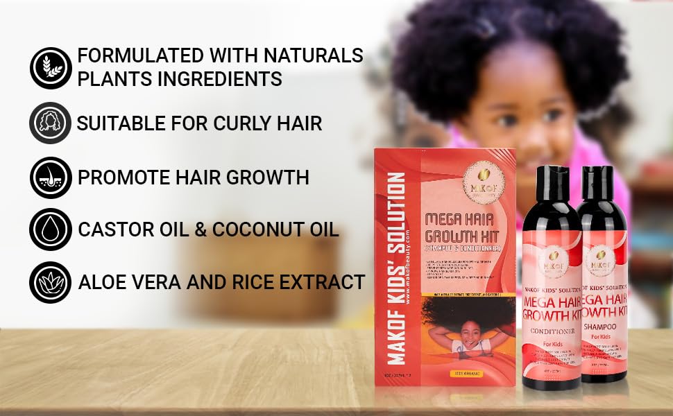MAKOF Kid’s Hair Growth Set. Shampoo & Conditioner with black castor oil, Wheat Protein, Argan, Jojoba, Aloe Vera, , Mask Treatment and Leave-in