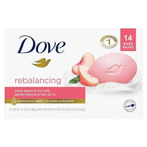 Dove Beauty Bar Soap Rebalancing White Peach & Rice Milk, 14 Count for a Nourished and Moisturized Skin, with ¼ Moisturizing Cream Plant-Based