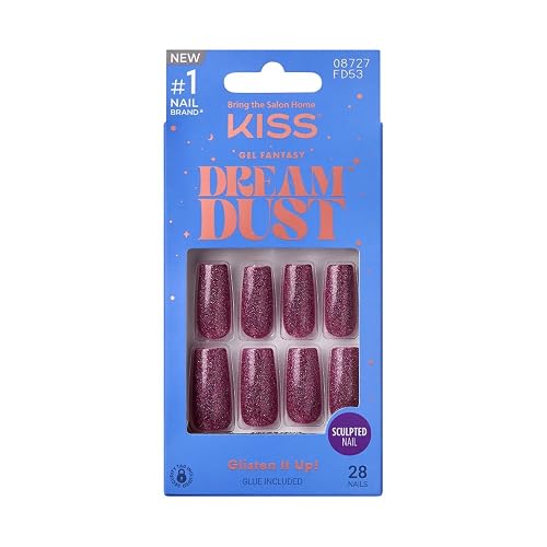 KISS False Nails Kit, Dreamdust Ready to Wear Gel Sculpted Nails, Stick and Glue Included, Long Length, Square Shape with Glitter Effect, Long-Lasting Beauty & Personal Care KISS
