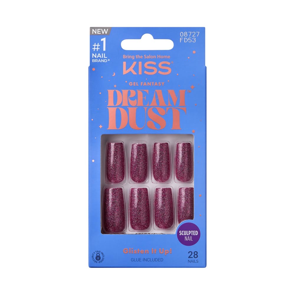 KISS False Nails Kit, Dreamdust Ready to Wear Gel Sculpted Nails, Stick and Glue Included, Long Length, Square Shape with Glitter Effect, Long-Lasting Beauty & Personal Care KISS