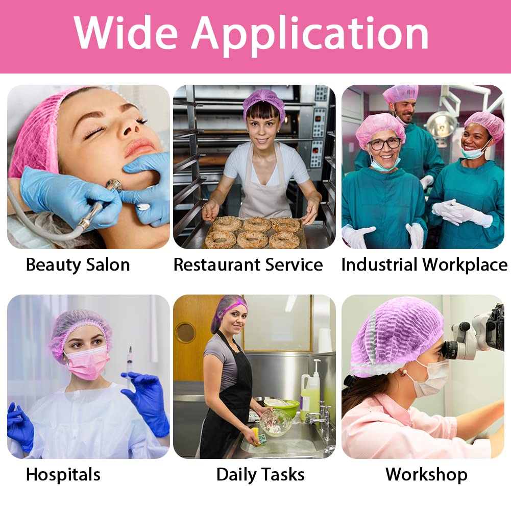 Abnaok Non Woven Disposable Dust Caps, 100 PCS Elastic Caps for Food Industries, Medical Works - Pleated Anti Dust Hat Set Universal Size(Pink)