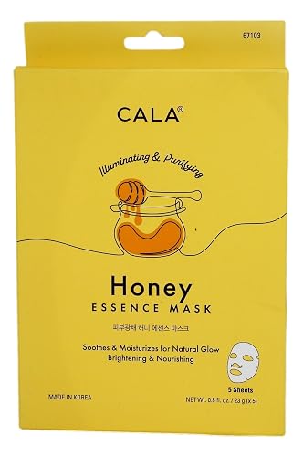 Cala Honey Essence Facial Sheet Masks, 5 Pack - Illuminating Vitamin B3 (Niacinamide) Face Masks, Ultra-Thin 5-Min No-Rinse Hydrating Sheets for Dry