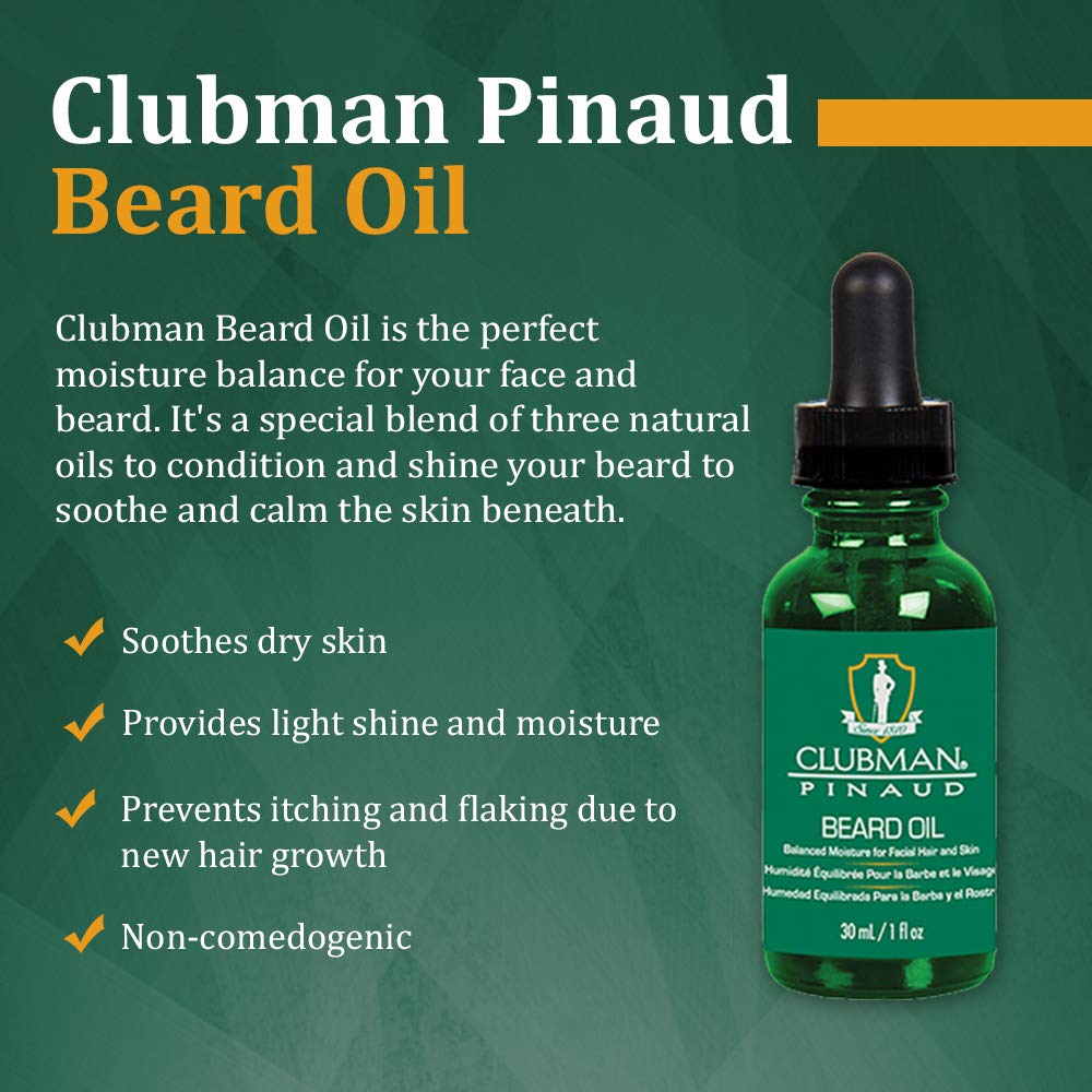 Clubman Pinaud Beard Oil for Men - Balanced Moisture for Facial Hair & Skin, Softens & Nourishes Beard, 1 oz