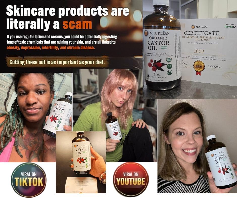 MD KLEAN Organic Castor Oil (500ml w/ 60ml Dropper) 100% Cold Pressed Unrefined Glass Bottles | Hexane Free | Moisturizer and Conditionor