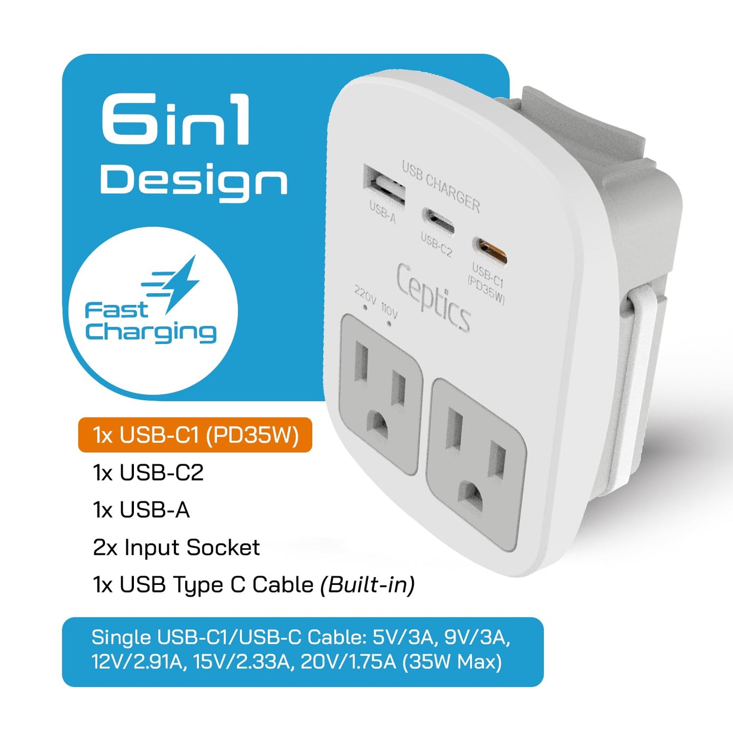 Ceptics Universal Travel Adapter Kit – 2 USA Sockets, USB-A, USB-C PD 35W + Cable, Surge Protected Plugs for EU, UK, AU, China, Japan, ETL Tested