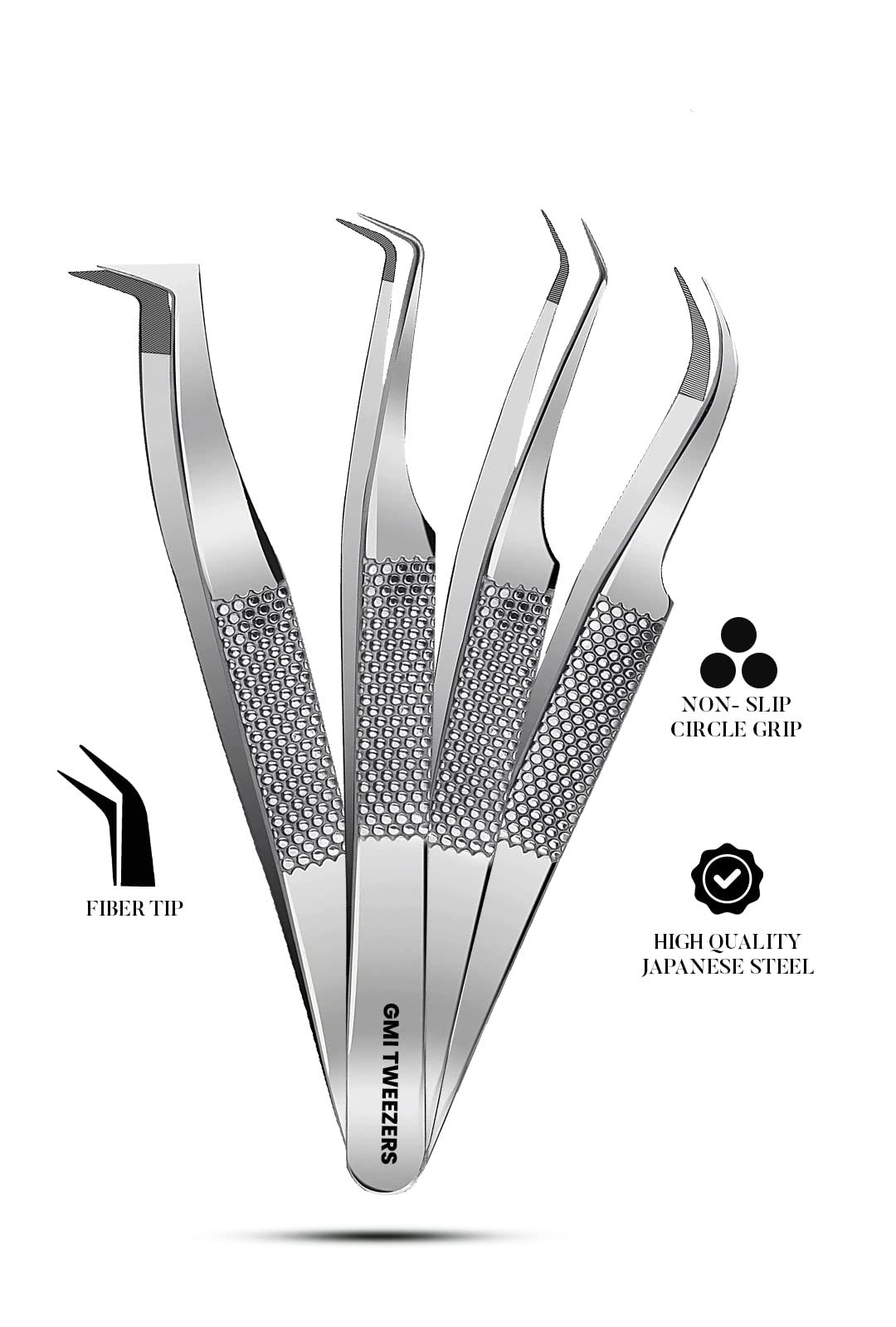 GMI Lash Tweezers - Pack of 4 Stainless Steel Fiber Tip Eyelash Extension Tweezers