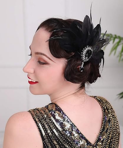 Aimimier 1920s Flapper Feather Hair Clip Black Roaring 20s Headpiece Costume Masquerade Hair Jewelry for Women and Girls (Style 1)