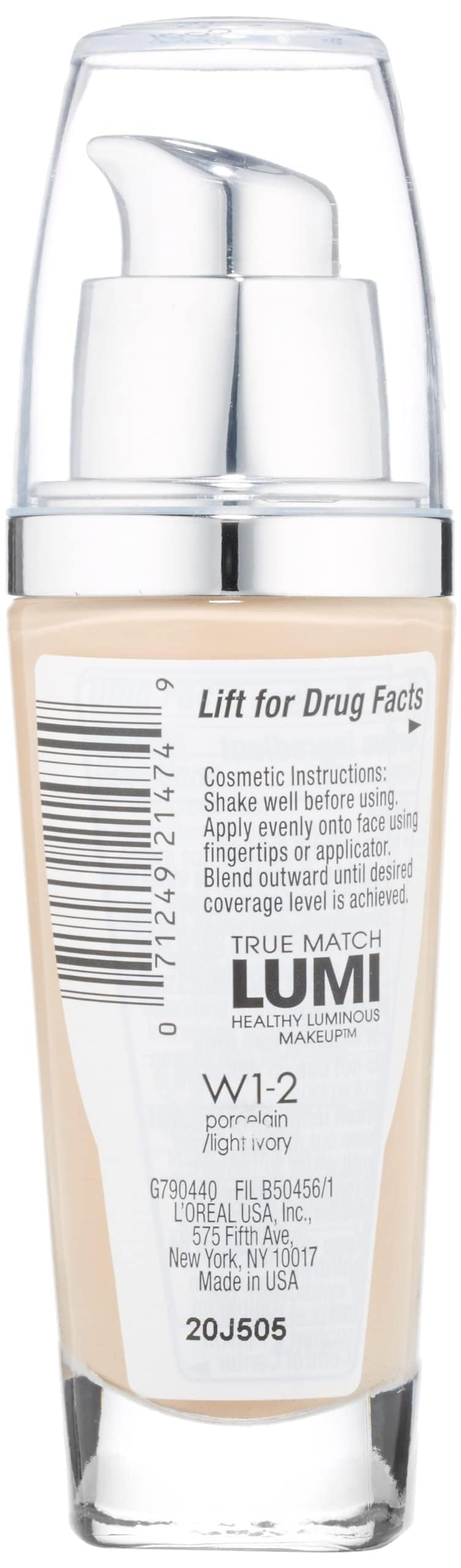 L'Oreal Paris True Match Lumi Healthy Luminous Makeup, W1-2 Porcelain Light Ivory, 1 fl; oz.