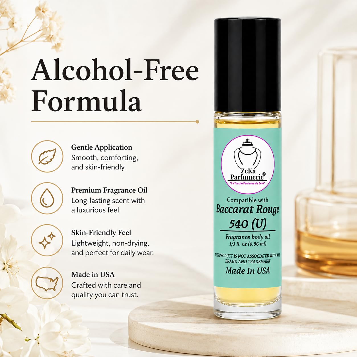 ZEKA PARFUMERIE Compare to Aroma and Compatible with Baccarat Rouge 540 for Woman and Men Fragrance Body Oil on 1/3 oz (9.86ml) size Roll-On Botlle