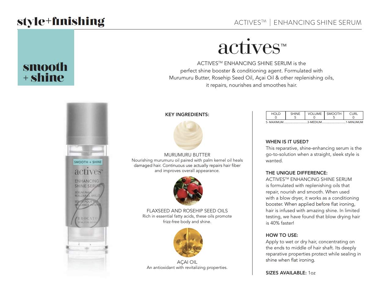 Brocato Actives Enhancing Shine Serum: Anti Frizz Smoothing Treatment for Damaged Hair - Leave In Product with Natural Oil to Repair / Control Dry
