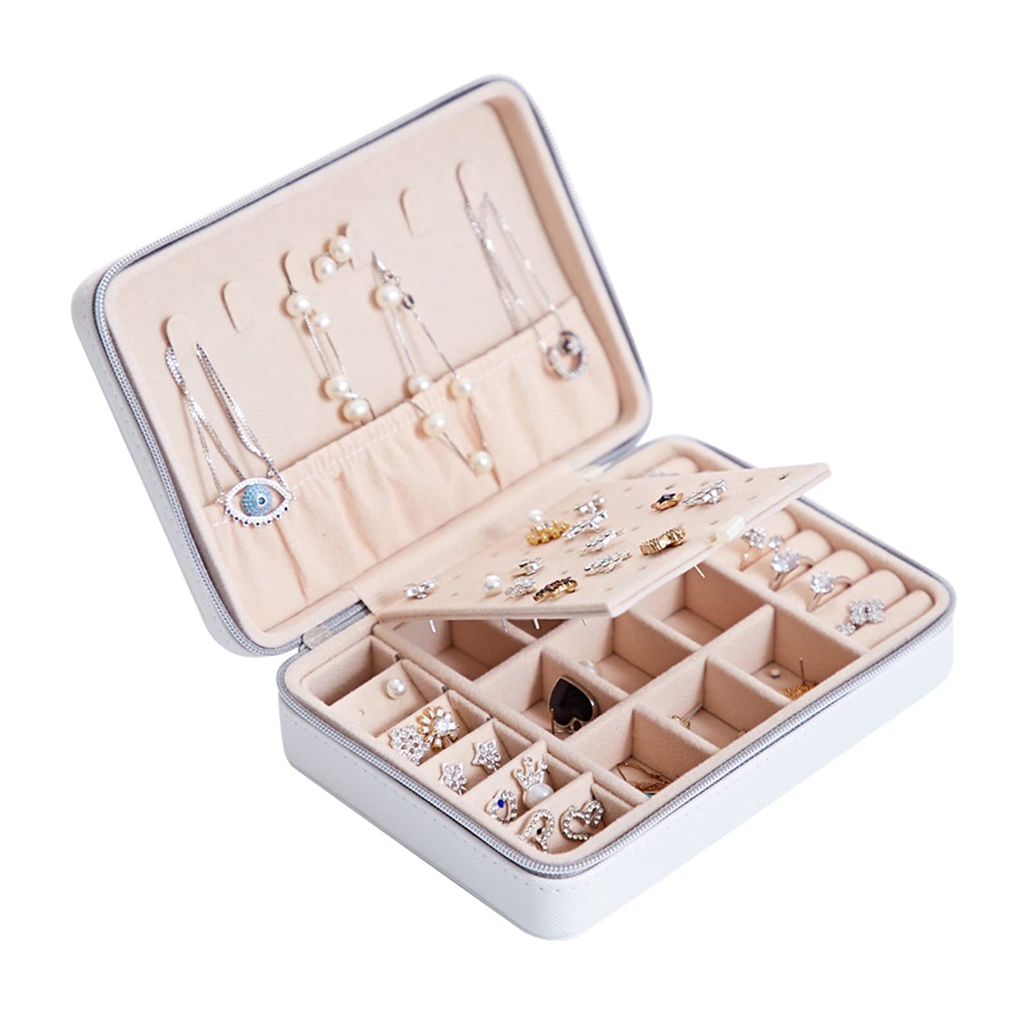 LETLIT Travel Jewelry Organizer, Small Jewelry Box for Women, Double-Layer Necklace Ring Earrings Holder Case (White 2)