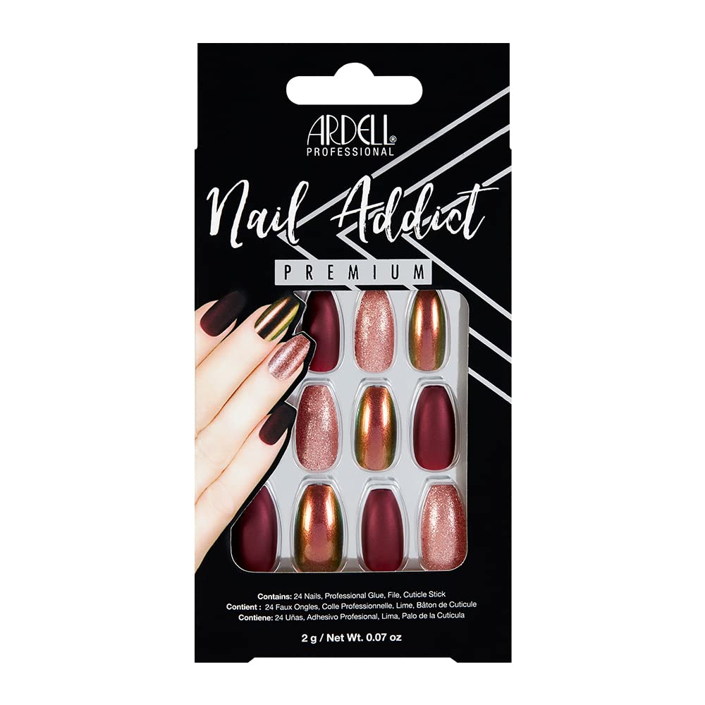 Ardell Nail Addict Premium Press On Nails - Long Coffin Fake Nails, Iridescent and Pink Accents, 24-Pc Diy Nail Extensions with Glue, Cuticle Stick Beauty & Personal Care Ardell