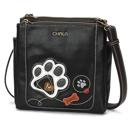 CHALA Merry Messenger RFID Protected Women Faux Leather Shoulder Purse with Adjustable Crossbody Strap - Paw Print - black
