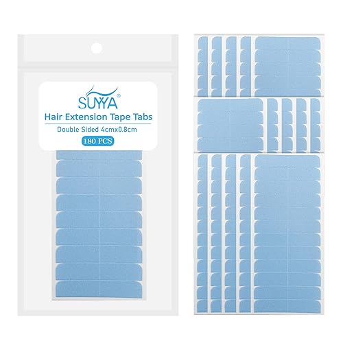 SUYYA 180 Pieces Hair Extension Tape Tabs Double Sided Extension Tapes for Replacement 4cm x0.8cm (Blue 180 Pieces)