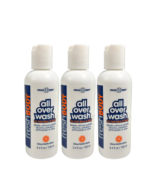 Fresh Body All Over Wash Travel Size Body Wash & Shampoo for Men & Women (3 Pack) - Citrus Vanilla Grove Shower Gel for Hair, Face & Body, 3.4oz - No Beauty & Personal Care Fresh Body FB