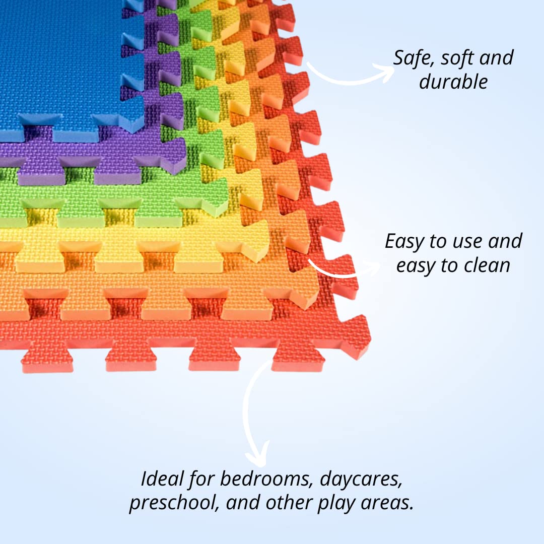 Little Fun Times Alphabet Play Mat – 60 PCS 12" EVA Foam Tiles, 71.5"x71.5" Interlocking Floor Puzzle with Letters, Numbers & Edges