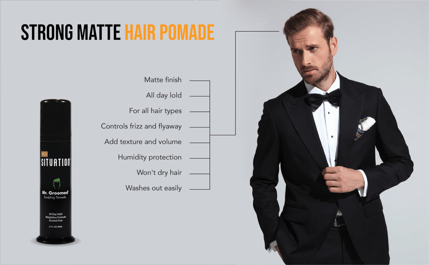 Hair Situation Mr. Groomed Matte Pomade for Men - Strong All-Day Hold, Matte Natural Finish Look - Non-Greasy, Alcohol-Free Hair Styling Wax, All Hair