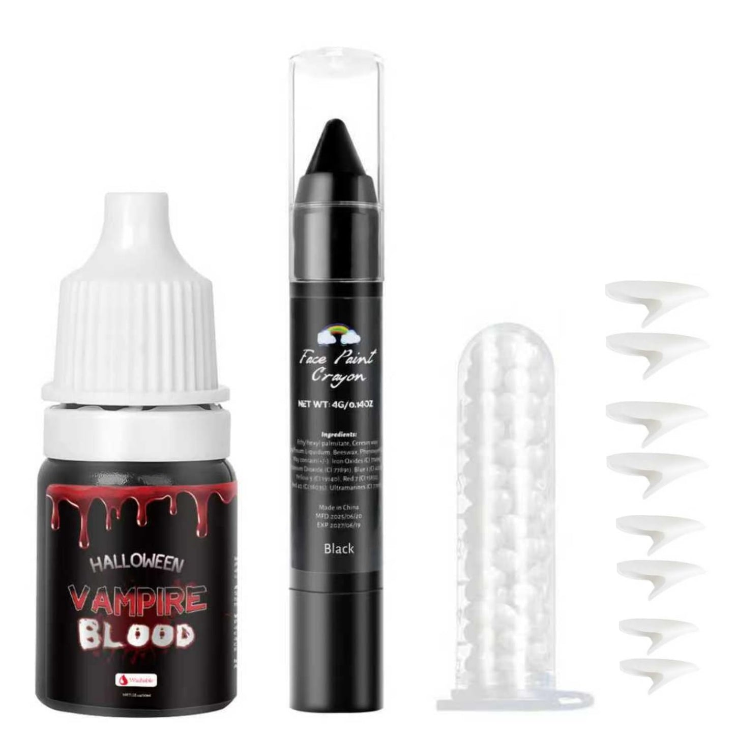 Vampire Fangs Kit with Black Lipstick & Fake Blood - 4 Pairs 4 Sizes SFX Fake Teeth, Vampire Blood & Goth Lipstick for Halloween Cosplay Makeup