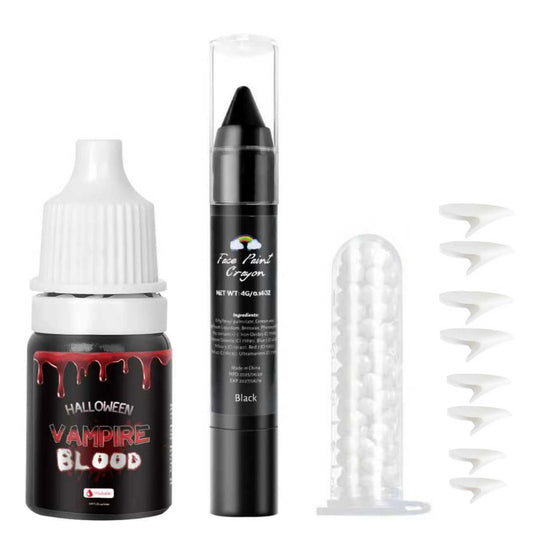 Vampire Fangs Kit with Black Lipstick & Fake Blood - 4 Pairs 4 Sizes SFX Fake Teeth, Vampire Blood & Goth Lipstick for Halloween Cosplay Makeup