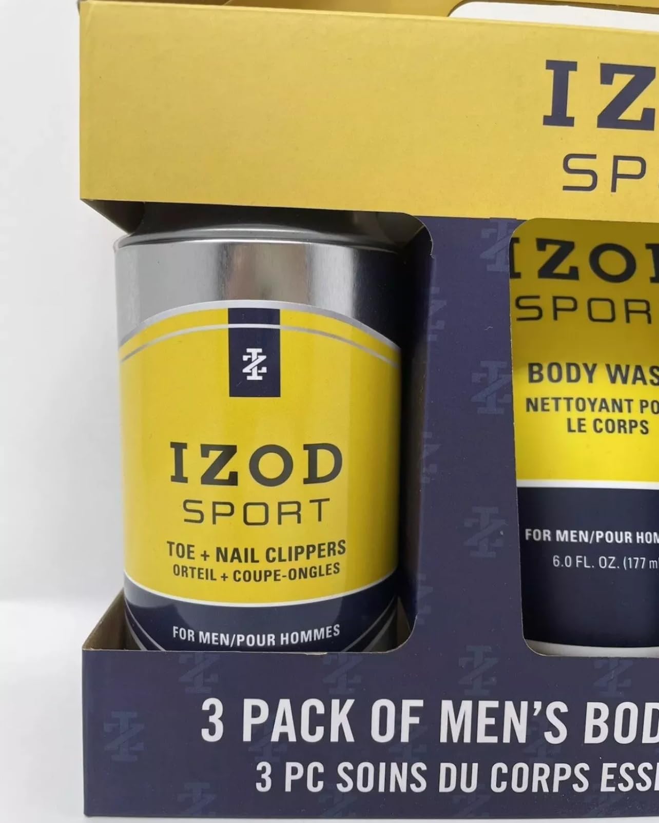 IZOD Sport 3 Pack Body Care, Toe & Nail Clippers, Body Wash and 40g Sponge, Blue & Yellow