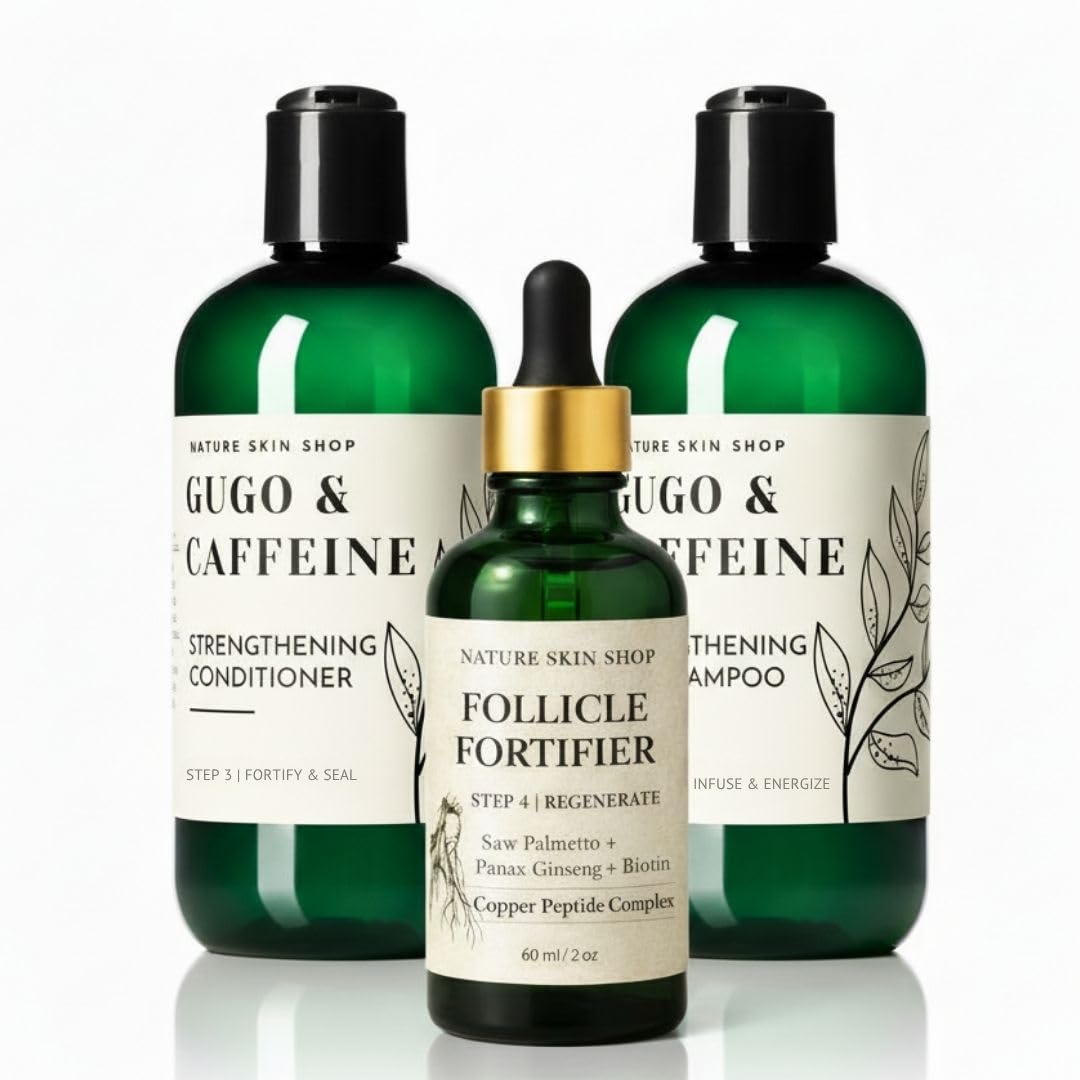 Nature Skin Shop Gugo and Copper Peptide Hair Mastery System 3 Piece Set with Strengthening Shampoo, Conditioner and 2 oz Scalp Serum