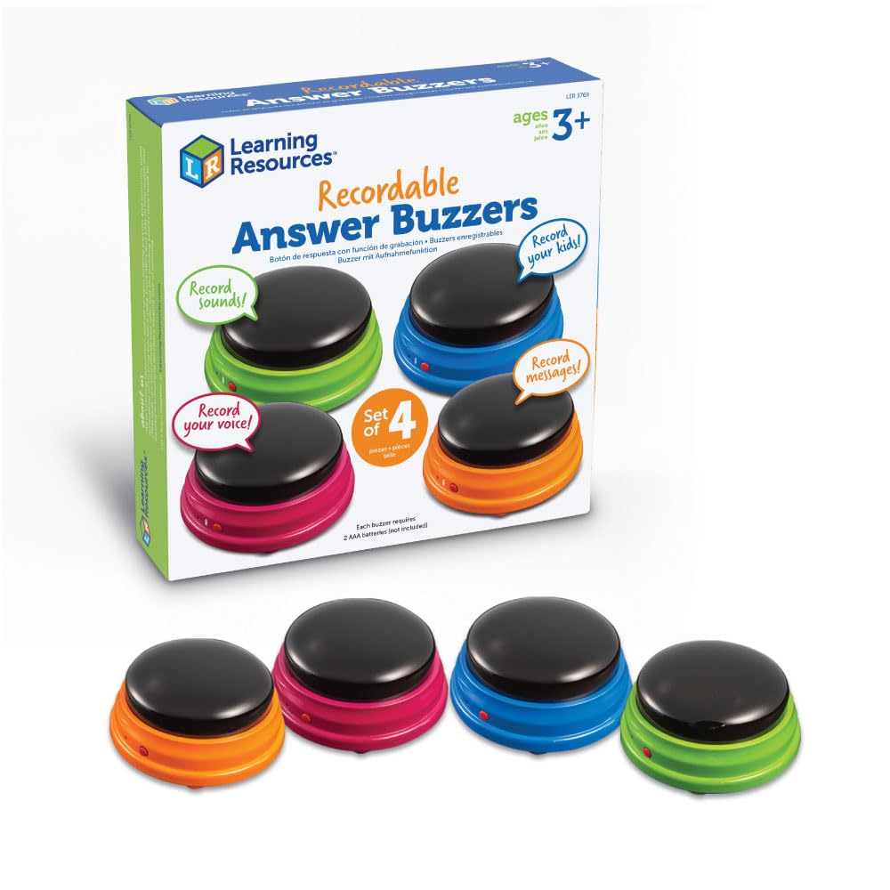 Learning Resources Recordable Answer Buzzers | Set of 4 Sound Buttons for Kids Ages 3+ | Fun Family Game Show & Trivia Night Toy