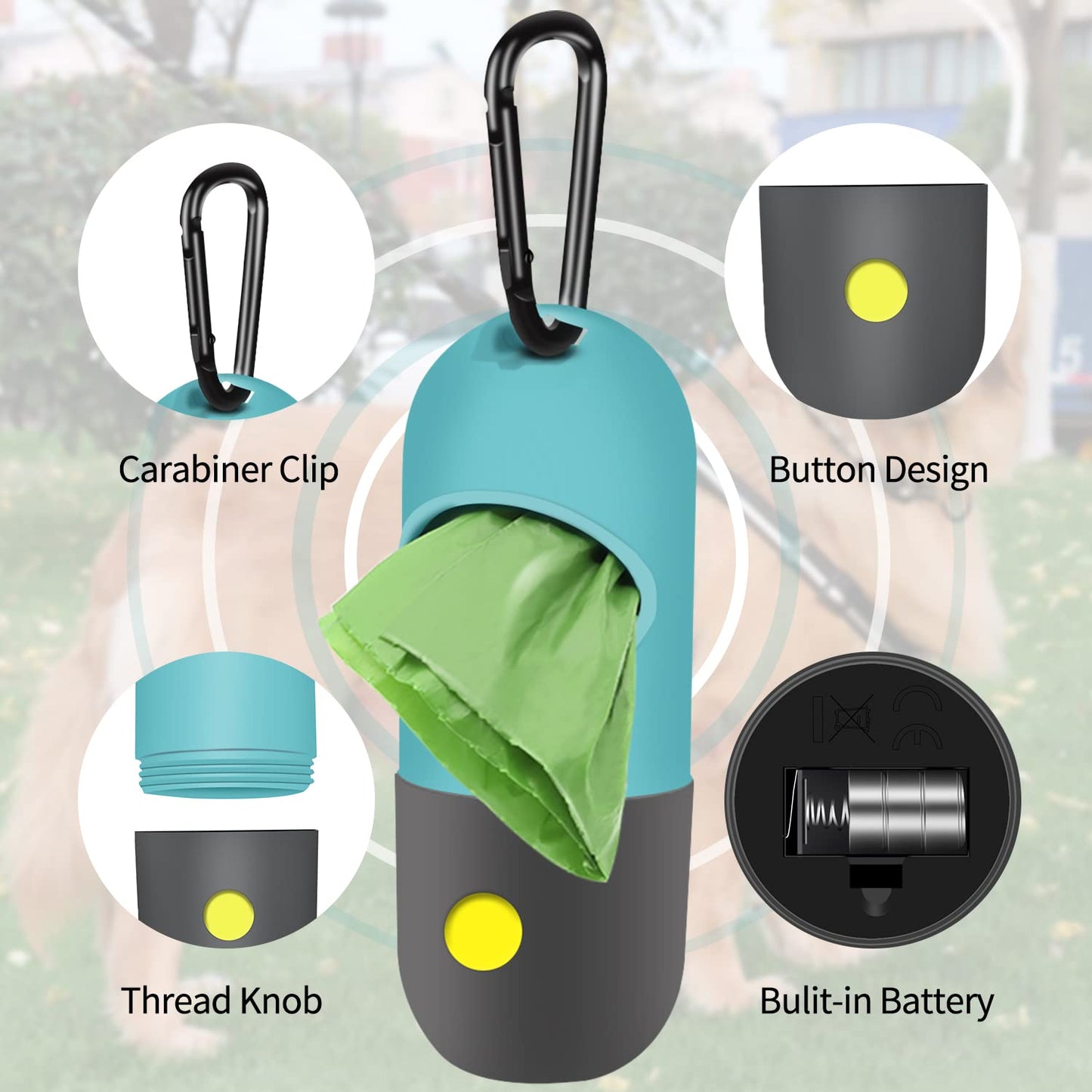 Eliamo 2 Pack Dog Poop Bag Dispenser with LED Flashlight, Pet Waste Bag Holder & Carabiner, Includes 2 Rolls Leak-Proof Bags for Dog Walking, Blue