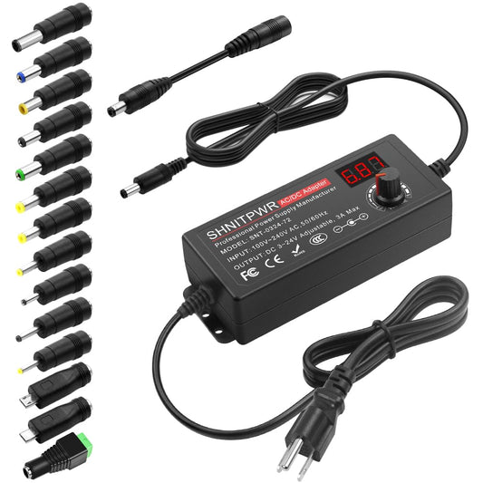 SHNITPWR 72W Adjustable Power Supply – 3V-24V 3A Universal AC/DC Adapter 100-240V to DC Converter with 14 Tips for Multiple Devices