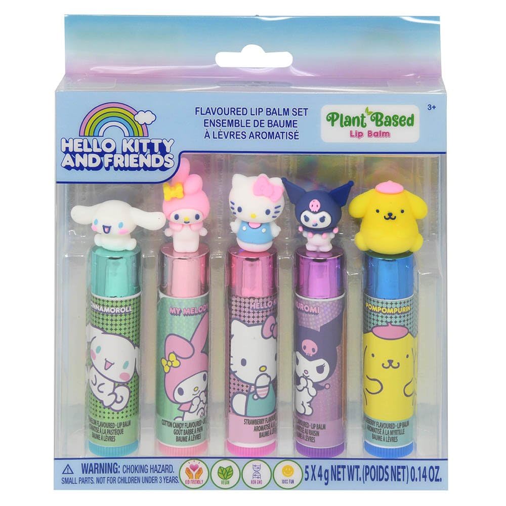 Townley Girl Hello Kitty & Friends 5 Pc Plant Based, Moisturizing Lip Balm Makeup Set for Girls Kids Toddlers, Perfect for Parties Sleepovers
