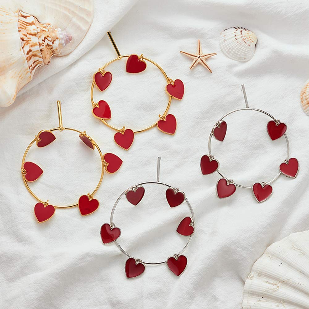 Doubnine Large Hoop Earrings Red Heart Circle 80s Silver Dangle Earrings Wedding Bridal Love Sweet Bohemian Jewelry for Women Girls