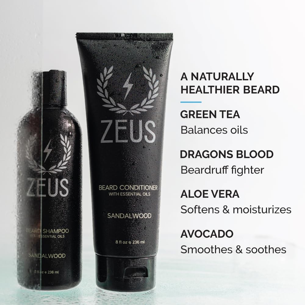 ZEUS Beard Wash Set for Men, Shampoo & Conditioner Duo with Green Tea & Essential Oils, Hydrates, Softens & Strengthens Beard Hair (Made in USA)