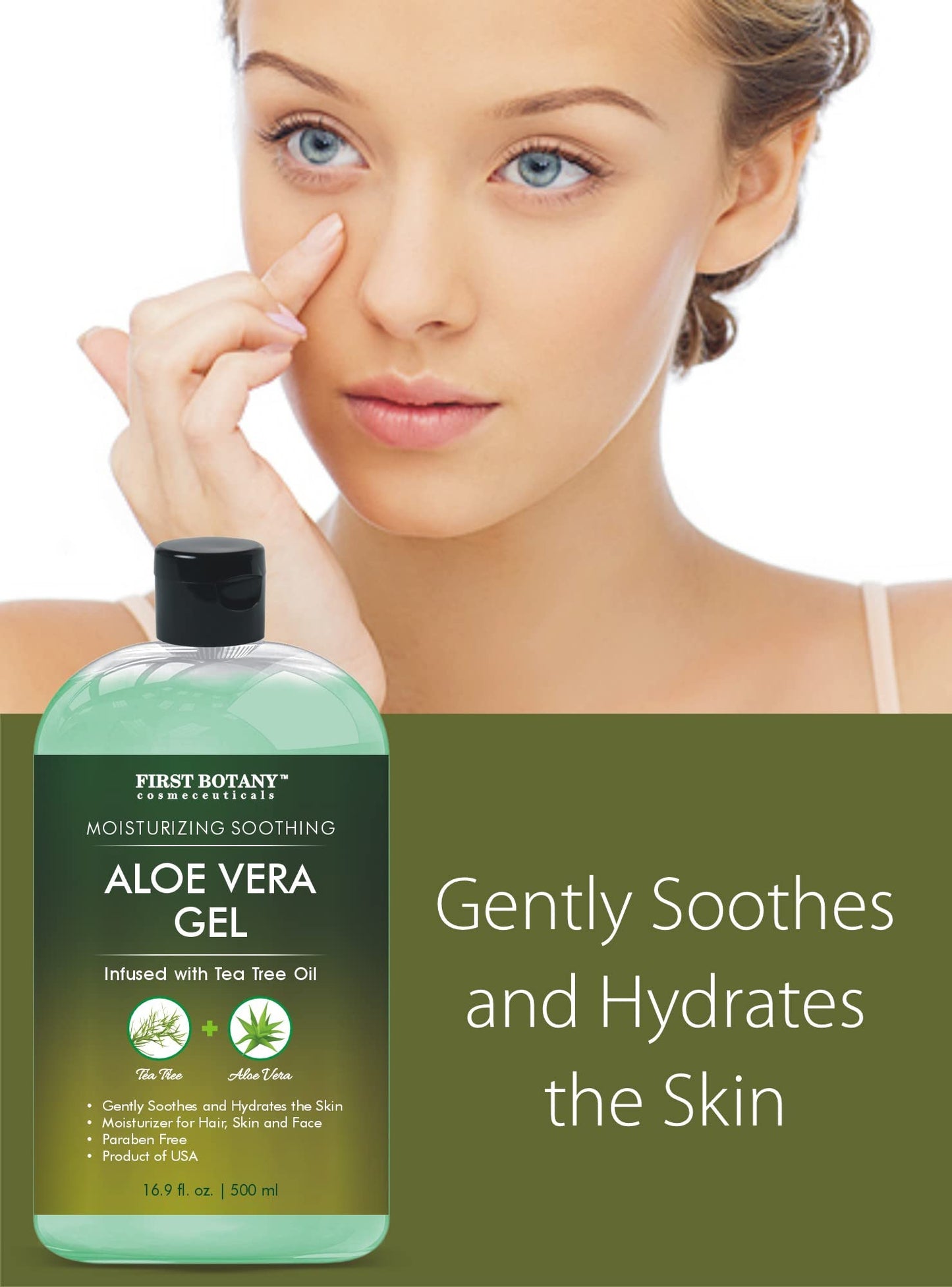 First Botany, Aloe Vera Gel from 100 Percent Pure Aloe Infused with Tea Tree Oil - Natural Raw Moisturizer for Hand Sanitizing Gel, Skin Care, Hair