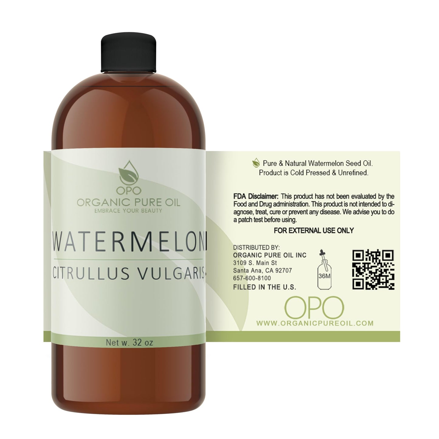 Watermelon Seed Oil - 32 oz - 100% Pure, Unrefined, All Natural, Non GMO, Bulk, Organically Sourced, Vegan, Carrier Oil for Face Scalp Hair Skin Nails