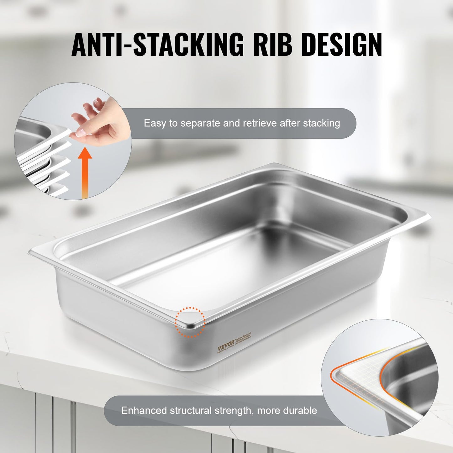 VEVOR Hotel Pan, Full Size Anti-Jam Steam Pans, 0.8mm Thick Stainless Steel 4-Inch Deep Commercial Table Pan, Catering Storage Food Pans…