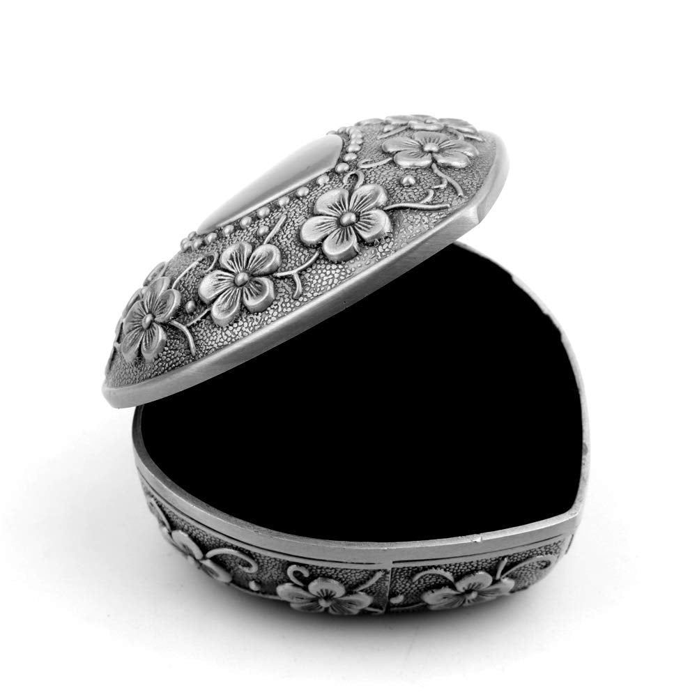 Luxuryseed Classic Vintage Smart Heart Shape Trinket Box Antique Silver Jewelry Box Small Trinket Storage Organizer Chest
