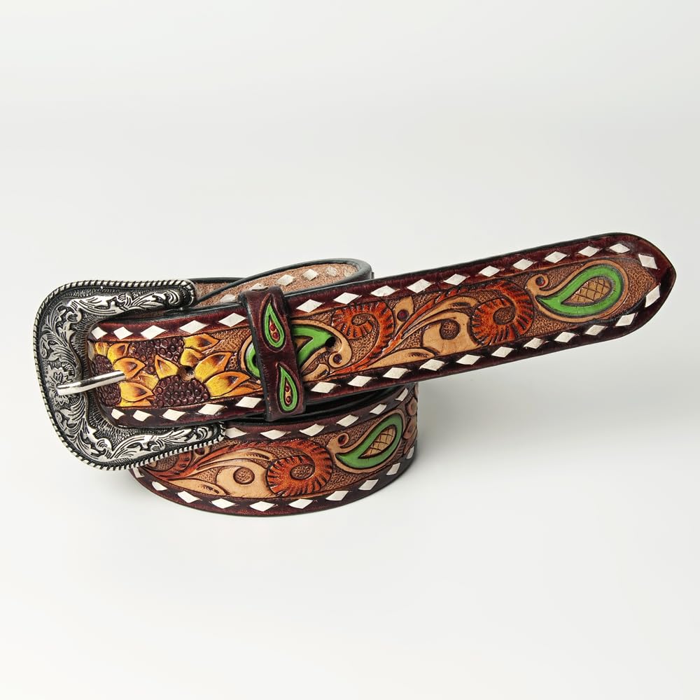 American Darling Medium Beautifully Hand Tooled Brown Genuine Leather Belt Men and Women Western with Removable Buckle