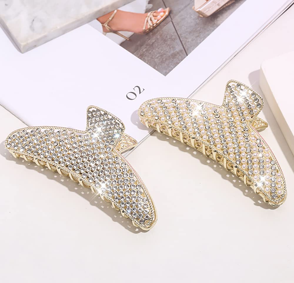 2 Pack Large Rhinestone Hair Clips, Crystal Pearl Hair Claw Clips, Black Gold Jumbo Jaw Clip, Nonslip Hair Claw for Thick Long Hair, Fashion Hair