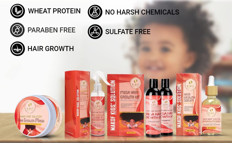 MAKOF Kid’s Hair Growth Set. Shampoo & Conditioner with black castor oil, Wheat Protein, Argan, Jojoba, Aloe Vera, , Mask Treatment and Leave-in