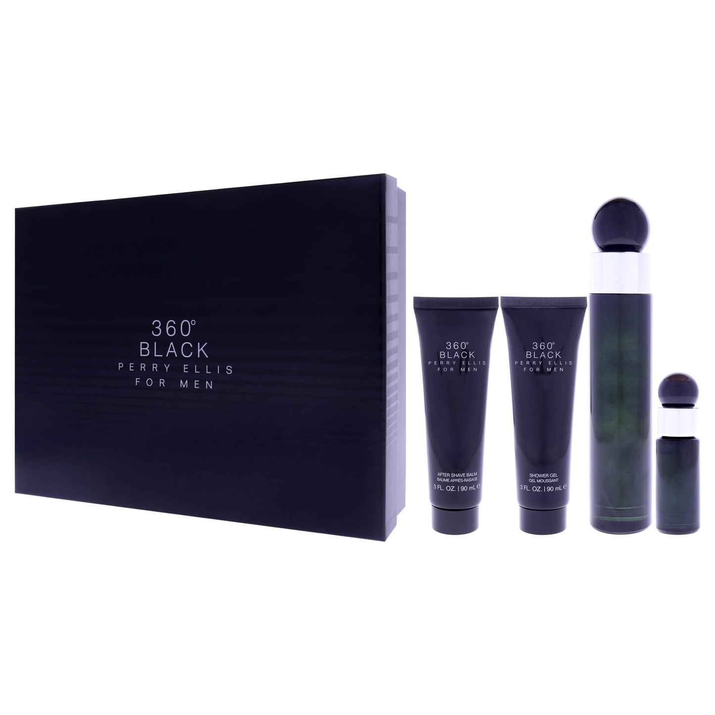360 Black by Perry Ellis for Men - 4 Pc Gift Set 3.4oz EDT Spray, 0.25oz EDT Spray (Mini), 3oz Aftershave Balm, 3oz Shower Gel
