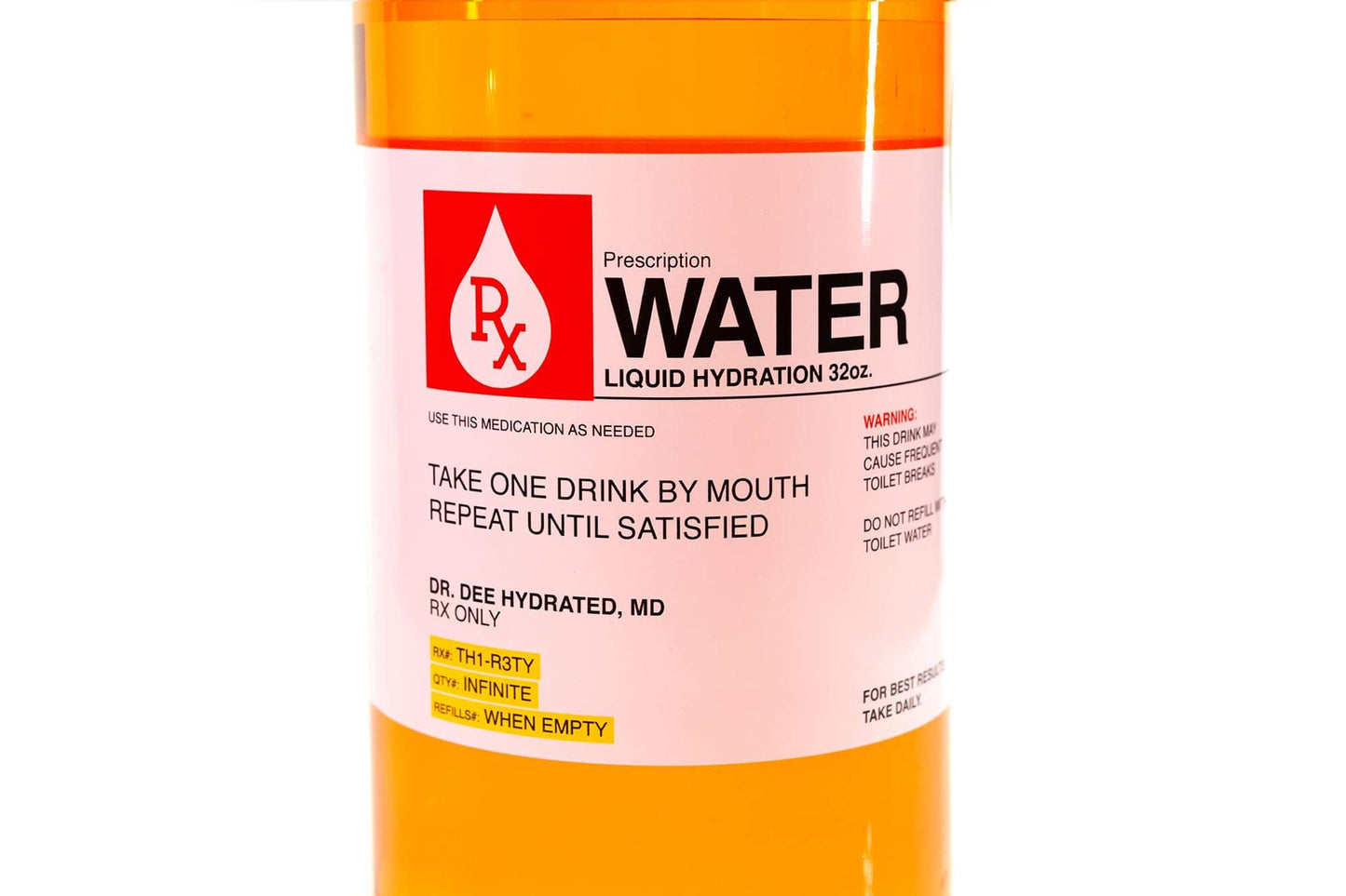 Prescription Water 32 Oz Plastic Water Bottle With Lid - Wide-Mouth, BPA-Free Novelty Hydroflask - Fun, Unique Orange Medicine Bottle With Screwtop