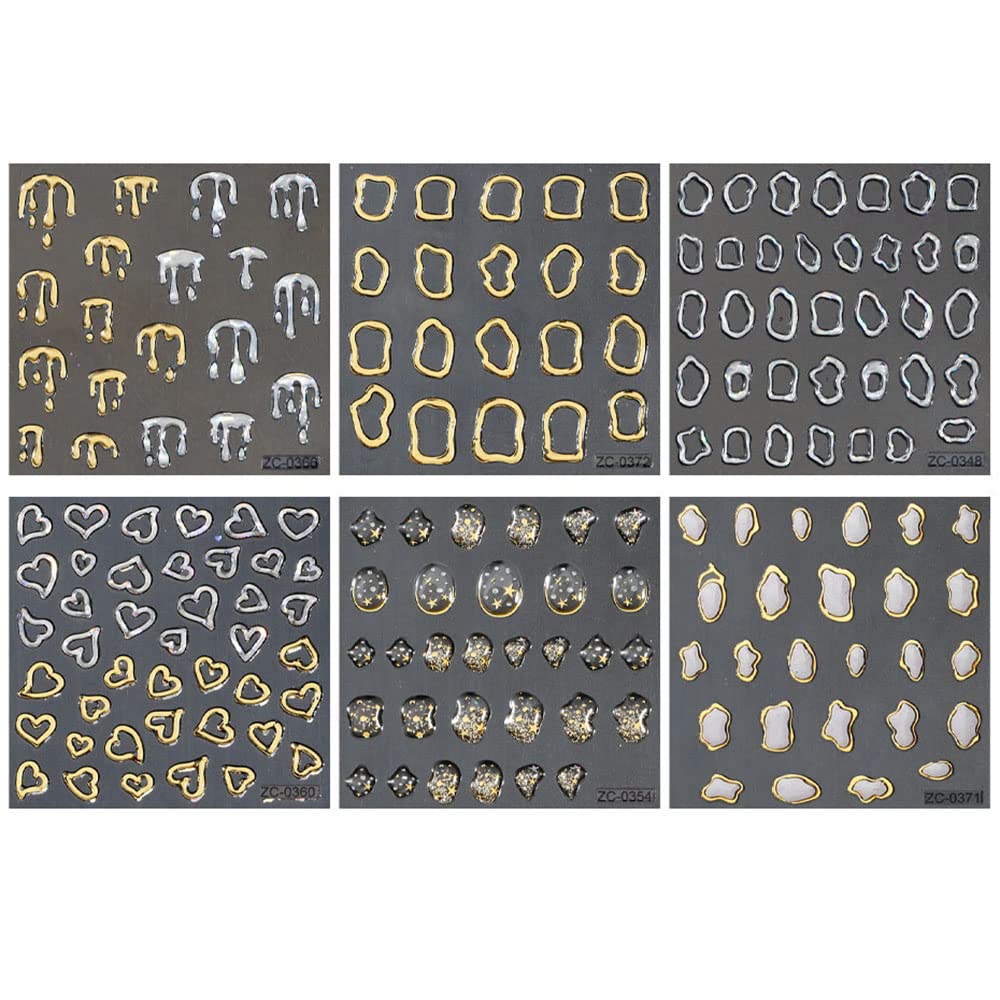 Dornail 6 Sheets 5D Crystal Soft Glue Embossed Nail Stickers Irregular Geometric Frames Nail Decals Hearts Waterdrop Nail Art Stickers Self Adhesive