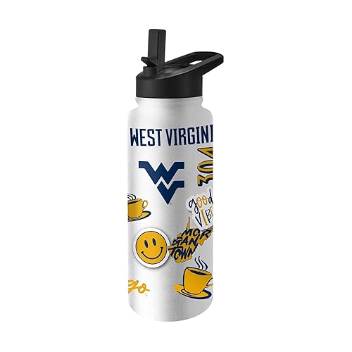 Logo Brands NCAA West Virginia Mountaineers 34oz Native Quencher Bottle - Double-Wall Insulated, Stainless Steel, No-Spill Lid, Easy Carry Handle