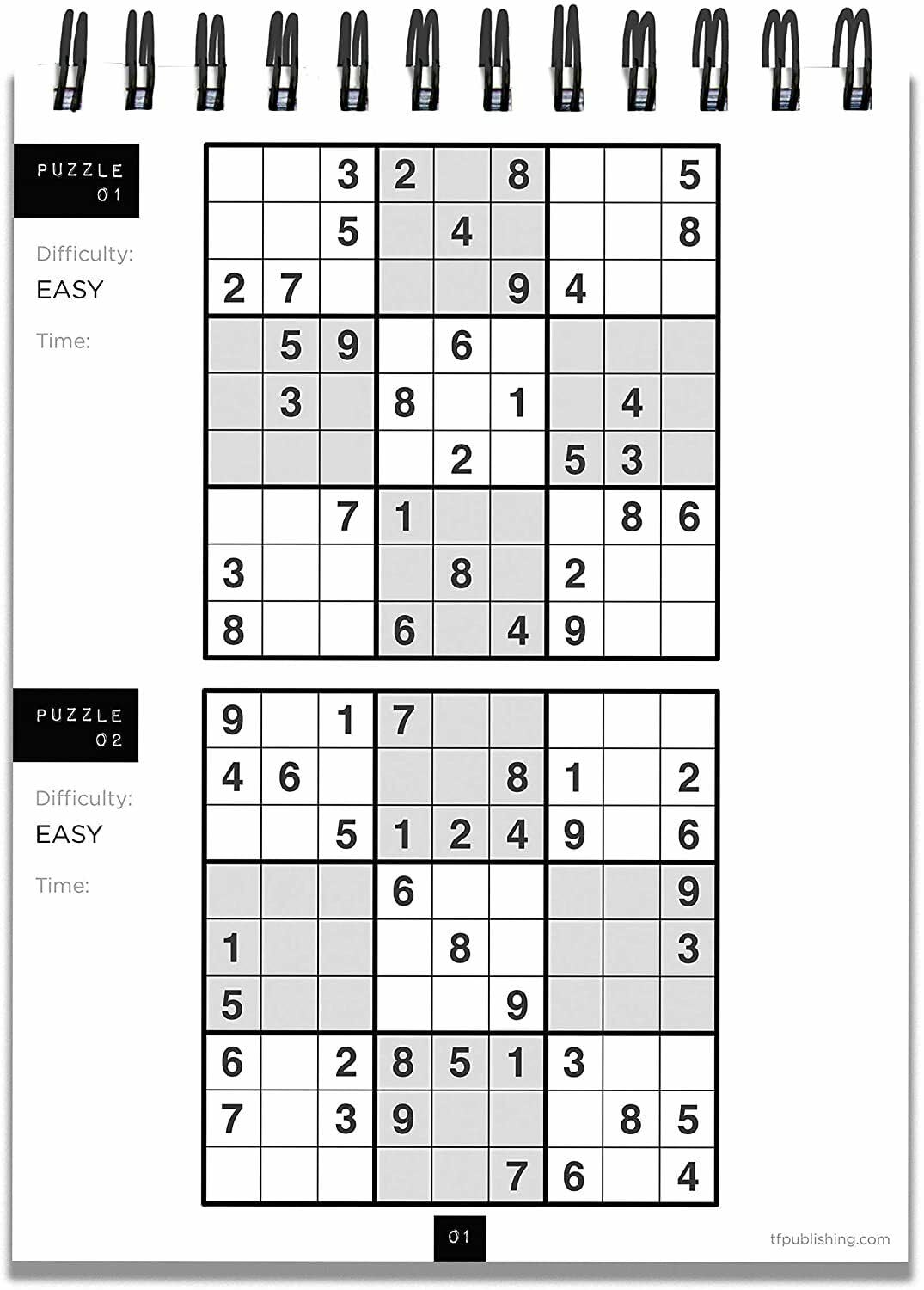 TF Publishing Sudoku Puzzle Book – Spiral Activity Pad with 200+ Puzzles & Solutions, 4 Skill Levels, Brain Booster, 6x8 Size
